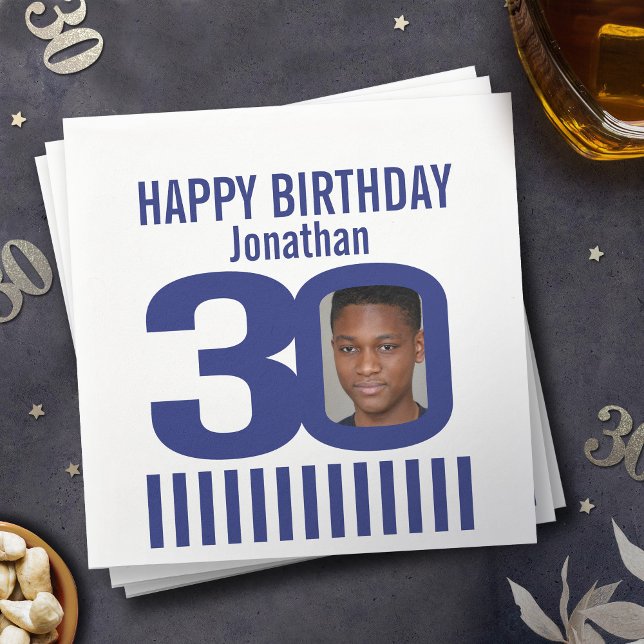 Guardanapo De Papel aniversário de 30 anos branco azul adicione sua pr (Criador carregado)