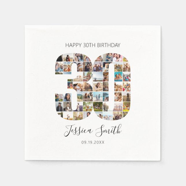 Guardanapo De Papel Aniversário de 30 anos de Colagem de Fotos Moderna (Frente)