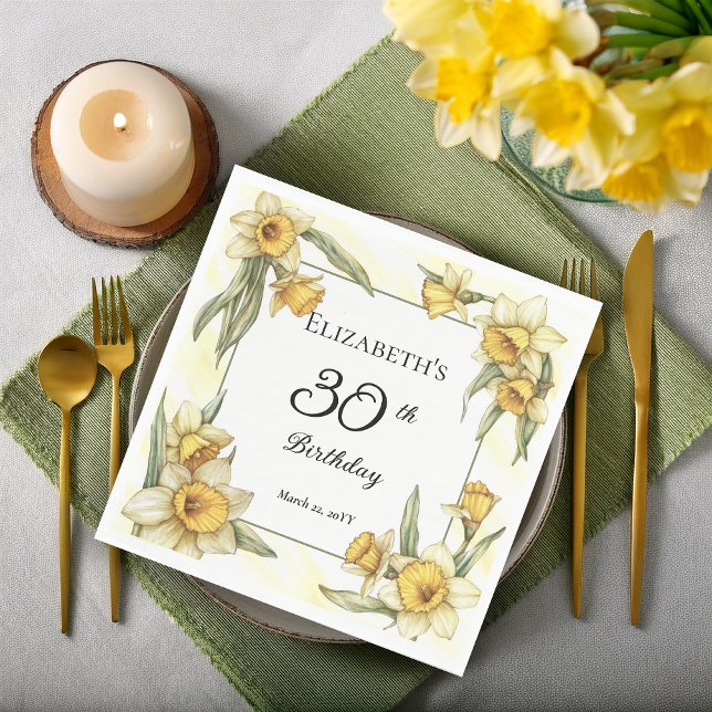 Guardanapo De Papel Aniversário de 30 anos Floral Elegante Amarelo (Elegant Yellow Daffodils Floral 30th Birthday Party Napkins)