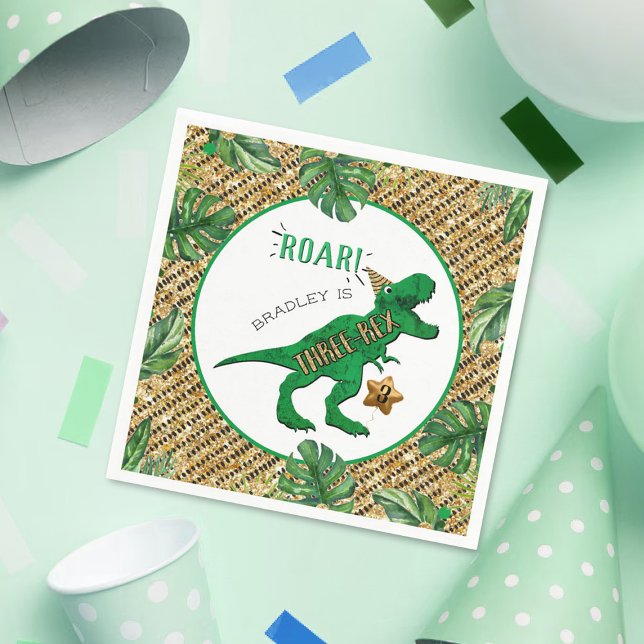 Guardanapo De Papel Aniversário de 3 anos de Dinossauro Três Rex (Criador carregado)