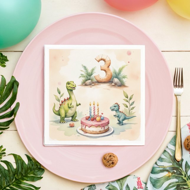 Guardanapo De Papel Aniversário de 3 anos de Dinossauro Três Rex (Criador carregado)