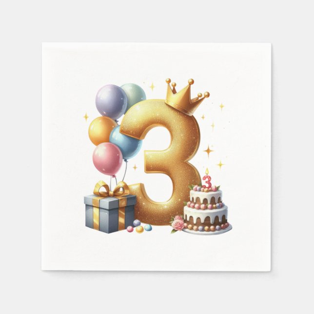 Guardanapo De Papel Aniversário de 3 anos dourado (Frente)