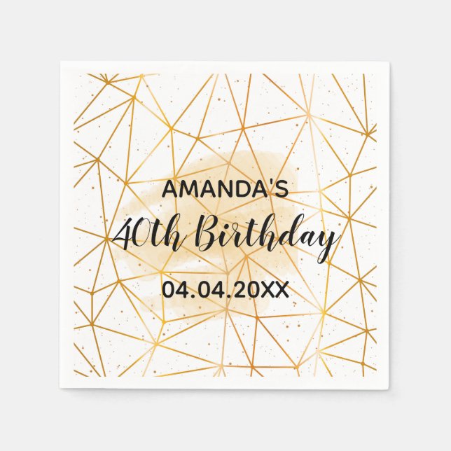 Guardanapo De Papel aniversário de 40 anos branco de ouro geométrico (Frente)