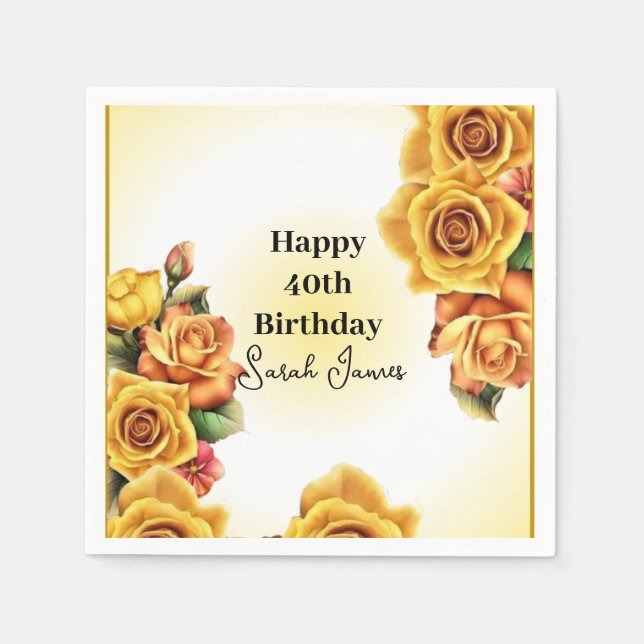 Guardanapo De Papel Aniversário de 40 anos das rosas amarelas bonitas (Frente)