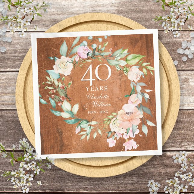 Guardanapo De Papel Aniversário de 40 Anos de Casamento Rosas de Madei (40th Ruby Wedding Anniversary Rustic Wood Roses Napkins)