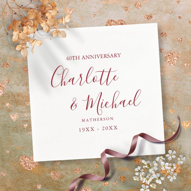 Guardanapo De Papel Aniversário de 40 anos de Casamento Rubi Script El (40th Wedding Anniversary Ruby Script Elegant Napkins)
