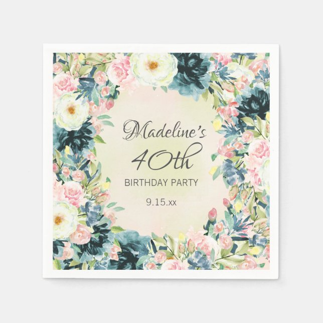Guardanapo De Papel Aniversário de 40 anos Floral de Creme Rosa Teal (Frente)