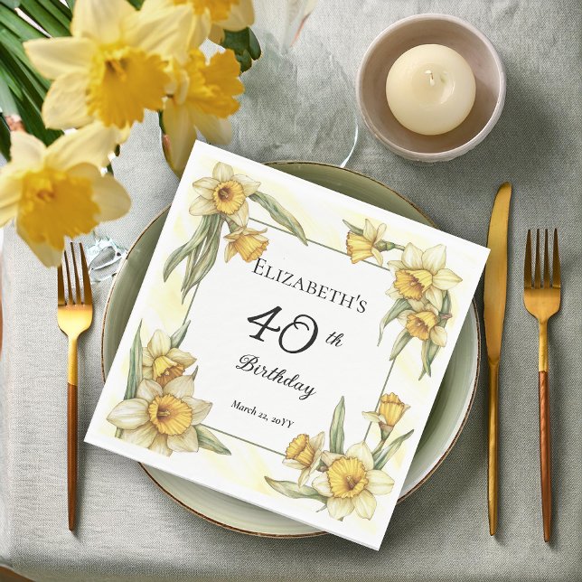 Guardanapo De Papel Aniversário de 40 anos Floral Elegante Amarelo (Elegant Yellow Daffodils Floral 40th Birthday Party Napkins)