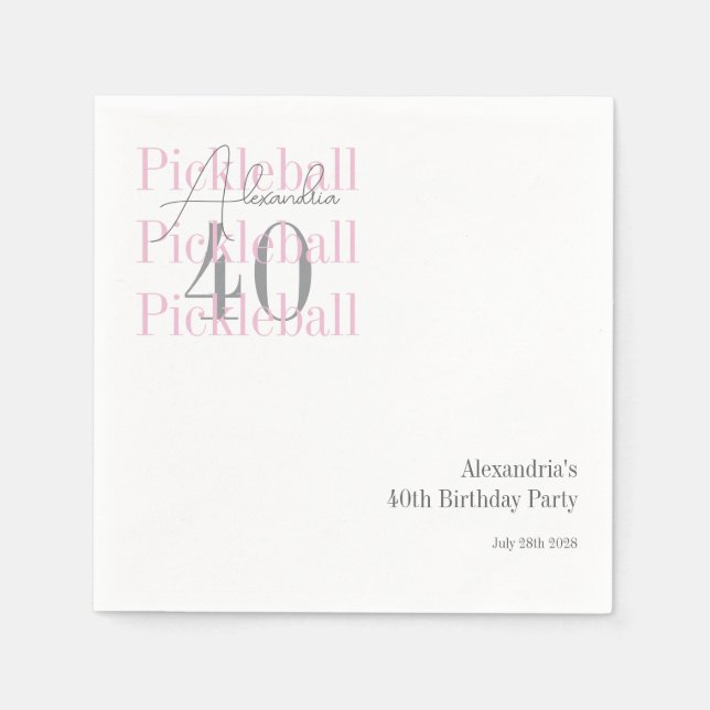 Guardanapo De Papel aniversário de 40 anos Pickleball Party Rosa (Frente)