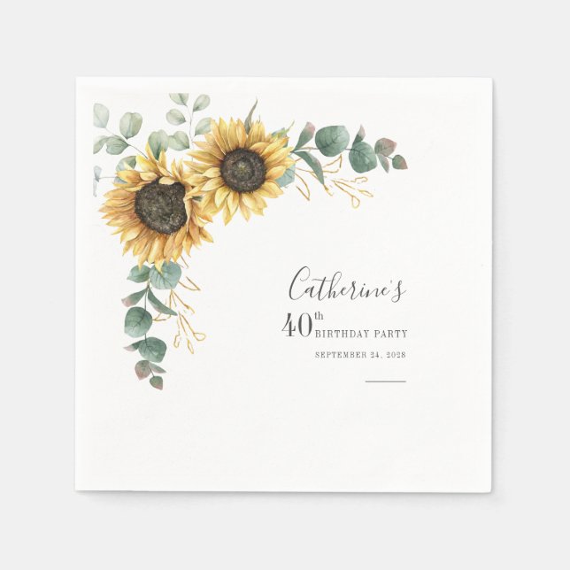 Guardanapo De Papel aniversário de 40 anos Sunflower Eucalyptus Floral (Frente)