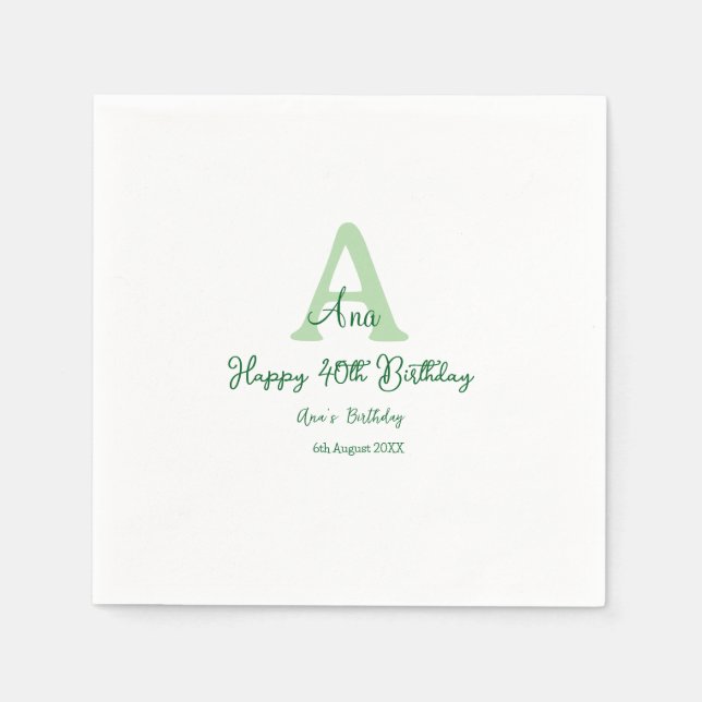 Guardanapo De Papel Aniversário de 40 anos verde feliz adicionar nome  (Frente)