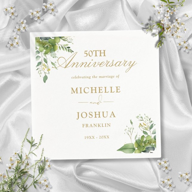 Guardanapo De Papel Aniversário de 50 anos de casamento floral verde (Greenery Floral 50th Wedding Anniversary Napkins)