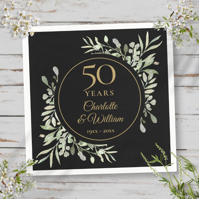 Guardanapo De Papel Aniversário de 50 anos de Casamento Preto e Dourad (50th Wedding Anniversary Black And Gold Greenery Napkins)