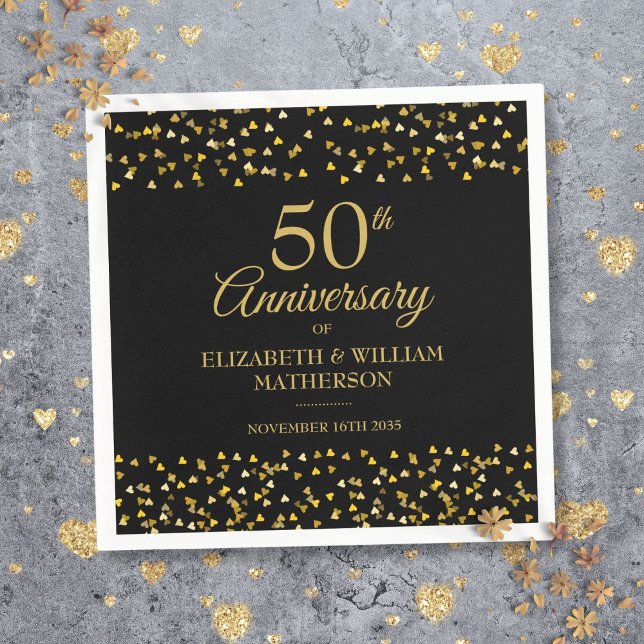 Guardanapo De Papel Aniversário de 50 anos de Casamento Preto e Dourad (50th Wedding Anniversary Black And Gold Napkins)