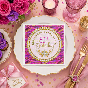 Guardanapo De Papel Aniversário de 50 anos Glam Pink Gold Jeweled Stra