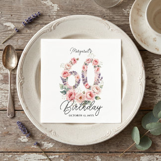Guardanapo De Papel Aniversário de 60 anos com Floral Aquarela Rosa