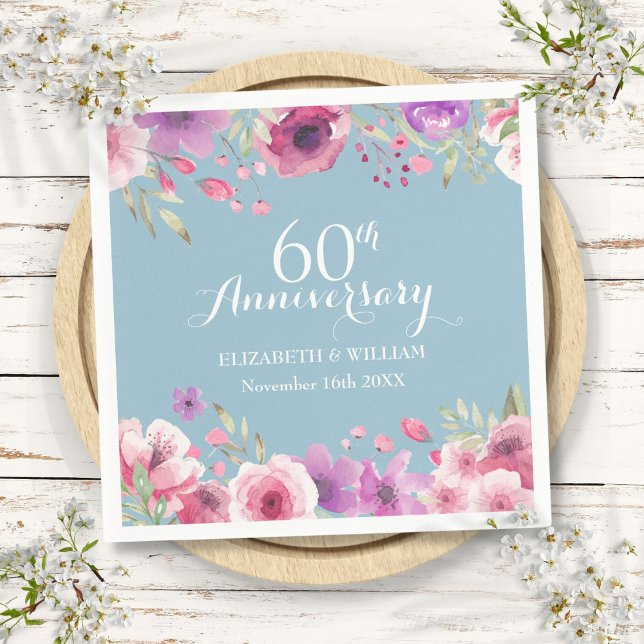 Guardanapo De Papel Aniversário de 60 anos de Casamento Rosas em Aquar (60th Wedding Anniversary Watercolor Roses Floral Napkins)