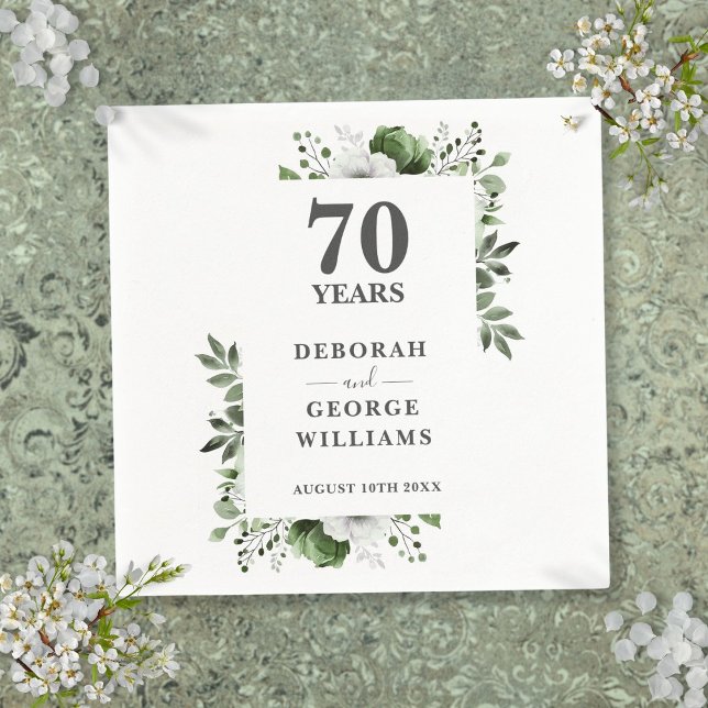 Guardanapo De Papel Aniversário de 70 anos de casamento Floral Verde P (Platinum Greenery Floral 70th Wedding Anniversary Napkins)