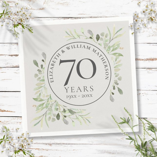Guardanapo De Papel Aniversário de 70 Anos de Casamento Platinum Folha (70th Wedding Anniversary Platinum Greenery Napkins)