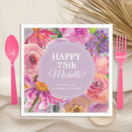 Guardanapo De Papel Aniversário de 75 anos Floral Aquarela Rosa Roxo