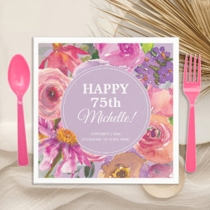 Guardanapo De Papel Aniversário de 75 anos Floral Aquarela Rosa Roxo