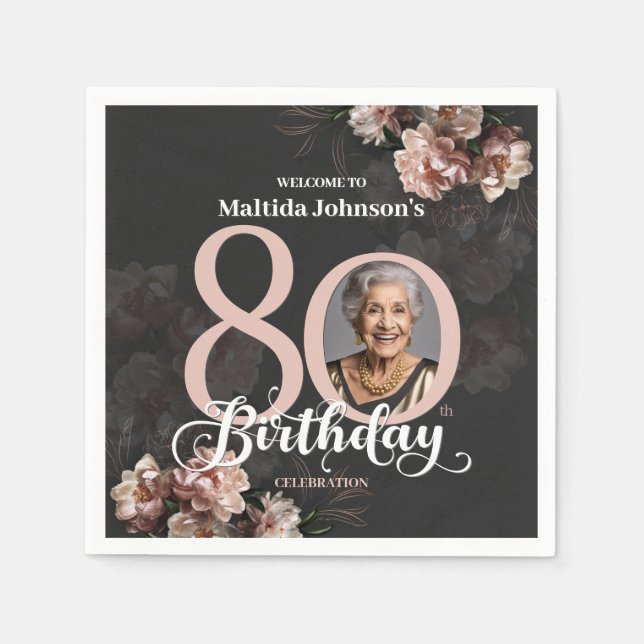 Guardanapo De Papel Aniversário de 80 Floral Rosa (Frente)