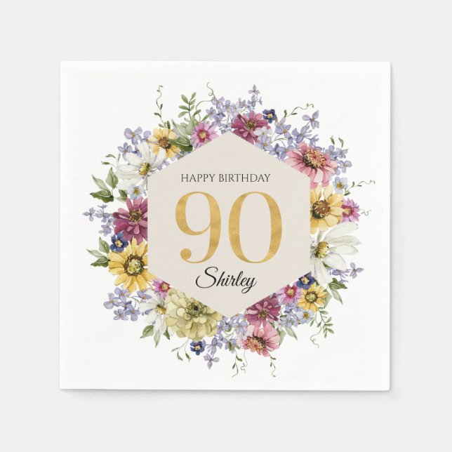 Guardanapo De Papel Aniversário de 90 anos Personalizado Wildflower (Frente)