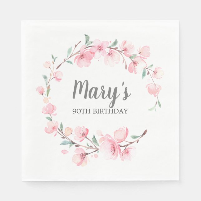 Guardanapo De Papel Aniversário de 90 Floral Rosa (Frente)