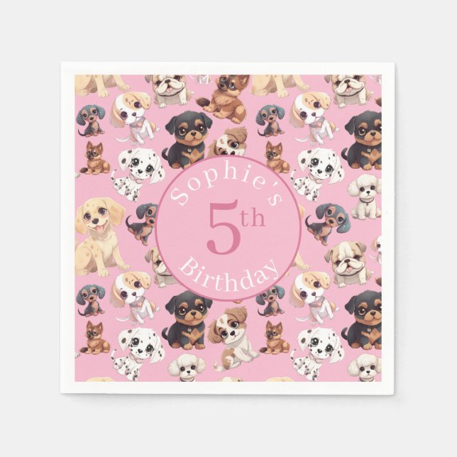 Guardanapo De Papel Aniversário de Cachorro Fofo Rosa (Frente)