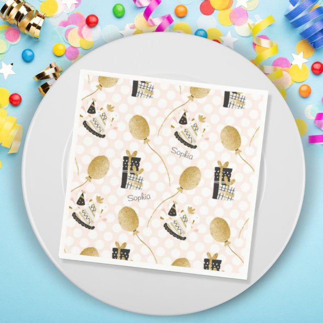 Guardanapo De Papel Aniversário de criança Dourado de Balões de Glitte (Criador carregado)