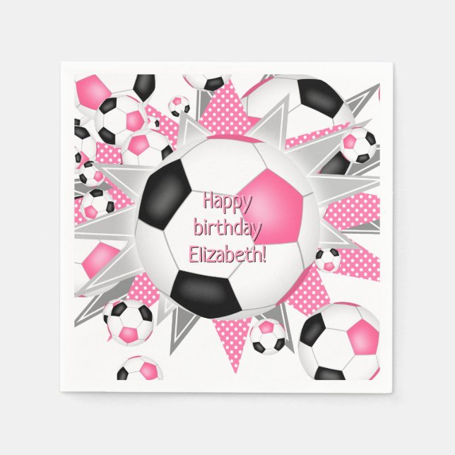 Guardanapo De Papel aniversário de esportes de futebol preto rosa (Frente)