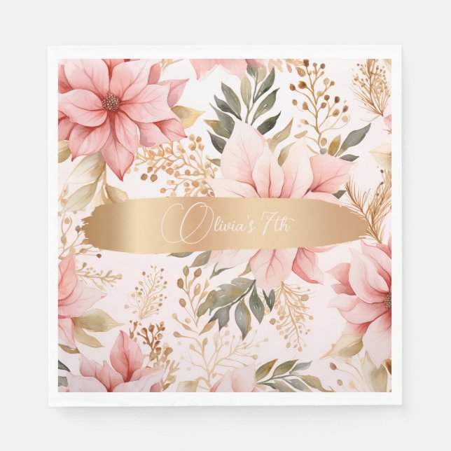 Guardanapo De Papel Aniversário de fadas Douradas e rosa entonadas (Frente)