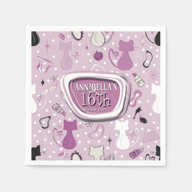 Guardanapo De Papel Aniversário de Gatos Cardíacos Roxos de meio sécul (Frente)