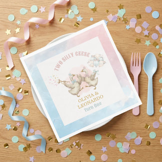 Guardanapo De Papel Aniversário de Gêmeos Menino e Menina Dois Gansos 