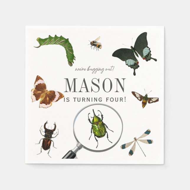 Guardanapo De Papel Aniversário de Menino Vintage Insetos & Bugs (Frente)