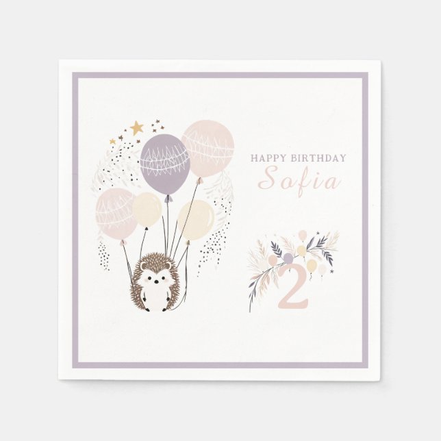Guardanapo De Papel Aniversário de Pastel Boho Hedgehog e Balões (Frente)