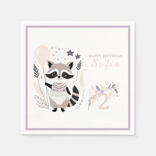Guardanapo De Papel Aniversário de Pastel Boho Raccoon e Balões (Frente)