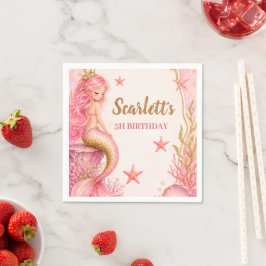Guardanapo De Papel Aniversário de Sereia Rosa e Dourado