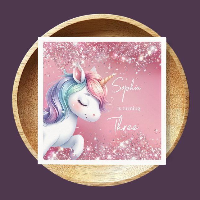 Guardanapo De Papel Aniversário de Unicórnio Arco-Íris com Brilho Rosa (Criador carregado)
