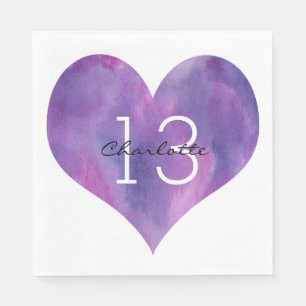 Guardanapo De Papel Aniversário do 13 de Coração Púrpura da Aquarela