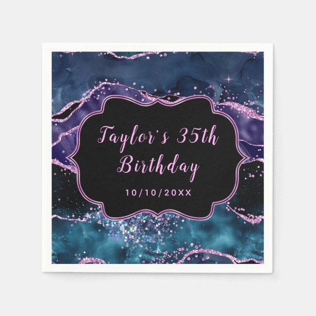 Guardanapo De Papel Aniversário do Agato do Oceano Azul-marinho e Roxo (Frente)
