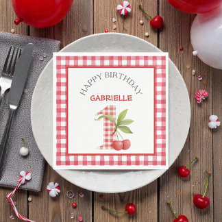 Guardanapo De Papel Aniversário do Bebê com Xadrez Vermelho e Cereja