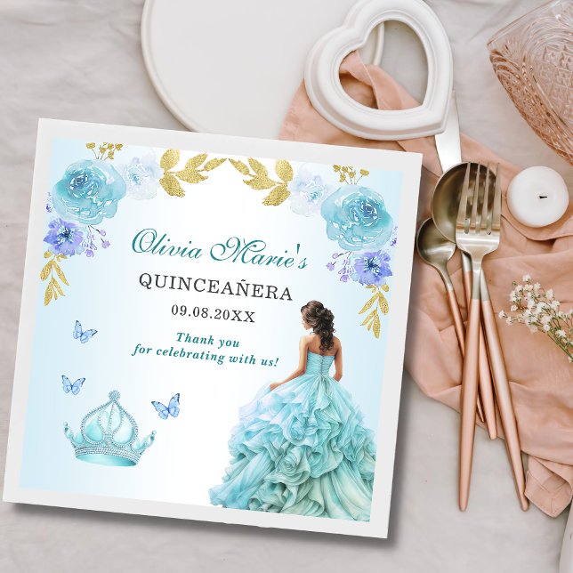 Guardanapo De Papel Aniversário do Elegante Blush Blue Floral Quinceañ (Criador carregado)