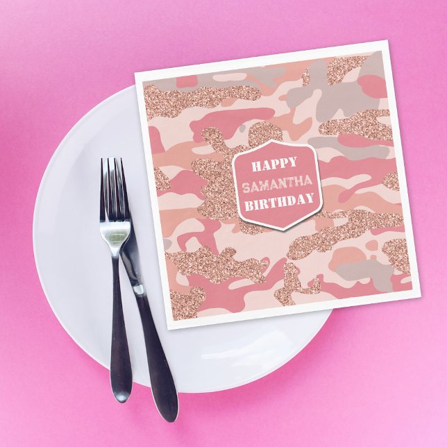 Guardanapo De Papel Aniversário do Exército de Camo Rosa Rosa-Rosa, Ro (Camouflage Rose Gold Blush Pink Camo Army Birthday Napkins)