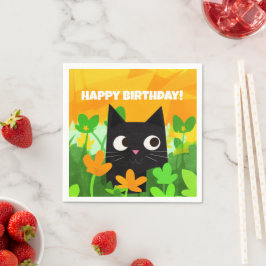 Guardanapo De Papel Aniversário do Gato Preto Laranja Verde Floral