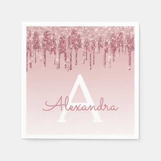 Guardanapo De Papel Aniversário do Monograma Dourado Rosa Rosa Rosa Ro (Frente)