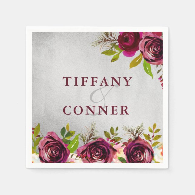 Guardanapo De Papel Aniversário do Noivado Silver Burgundy (Frente)