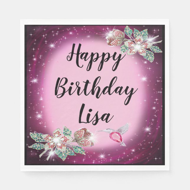 Guardanapo De Papel Aniversário do Pássaro Floral Rosa Bling (Frente)