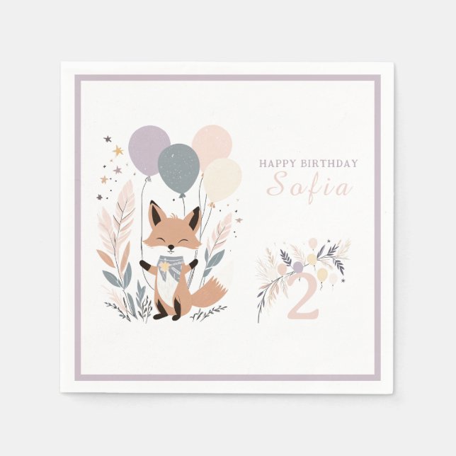 Guardanapo De Papel Aniversário do Pastel Boho Fox e Balões (Frente)