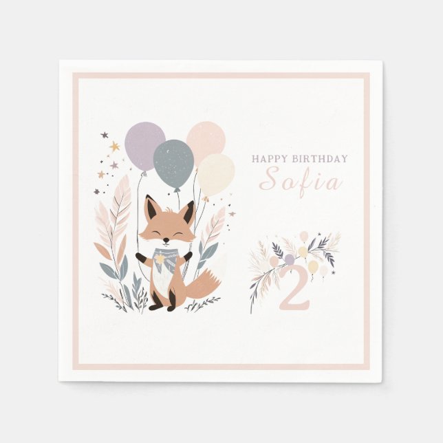 Guardanapo De Papel Aniversário do Pastel Boho Fox e Balões (Frente)